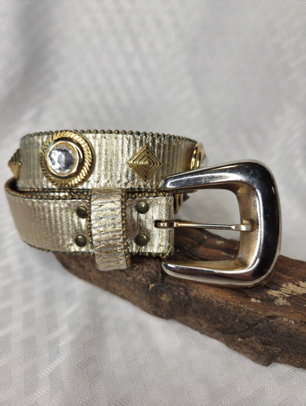Vtg 80s 90s Gold Metallic Leather Studded Rhinestone Western Belt Mixed Metals